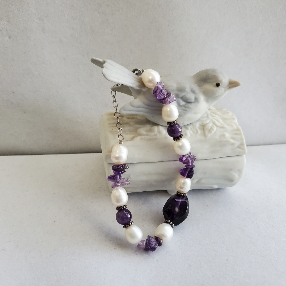 Ross Simon Pearl and Amethyst Sterling Silver Bracelet Adjustable Length